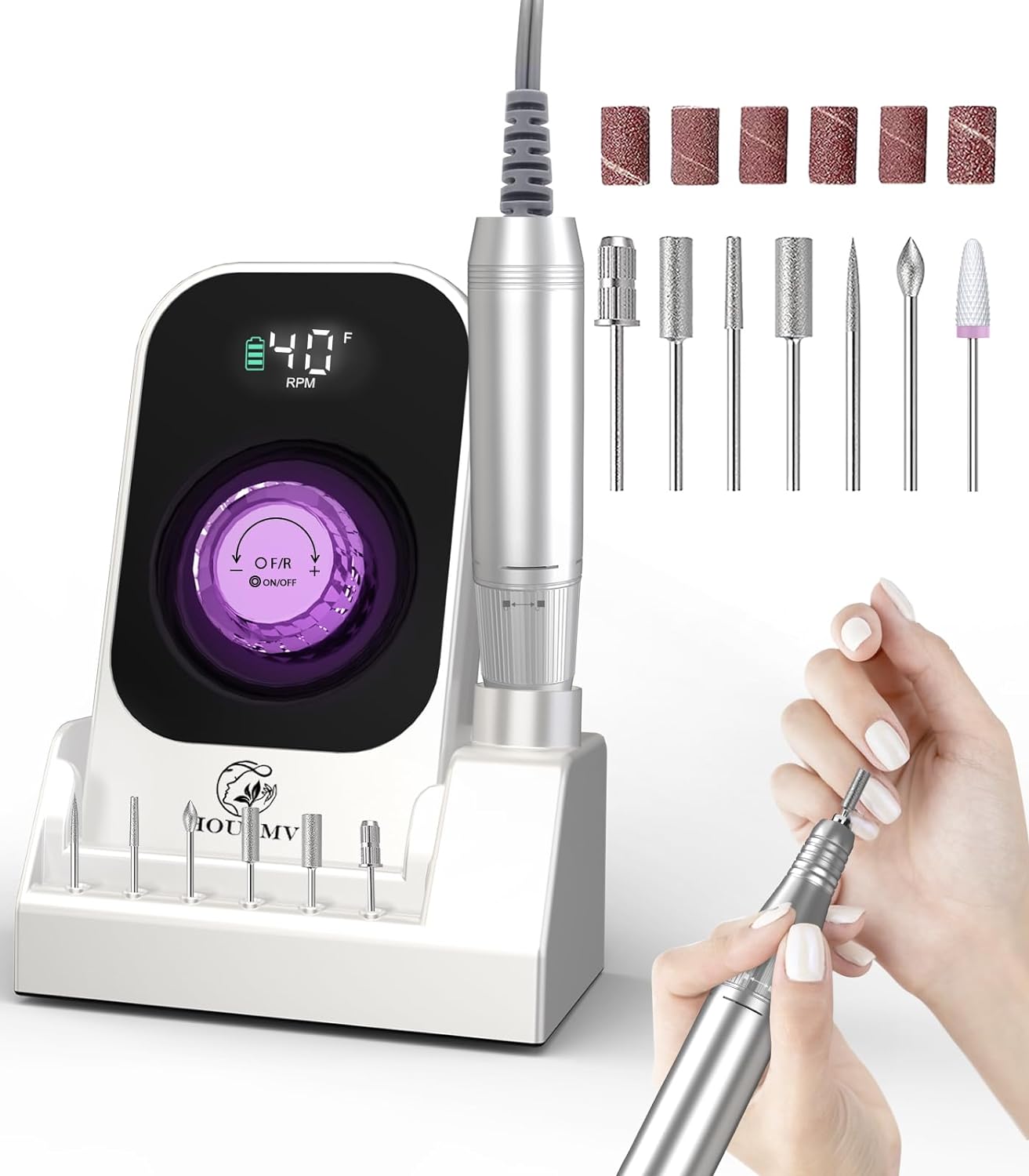 Portable Nail Drill Electric File: 40000RPM Professional Rechargeable Nail E File Machine, Cordless Nail Drill with Bits & Base for Acrylic Nails Remove Nail Gel Polish Manicure for Salon Home, White