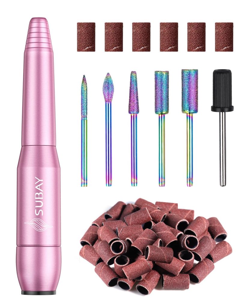 Subay Electric Nail Drill, Portable Electric Nail File for Acrylic Gel Nails, Nail Drill Kit Manicure Pedicure Tool with 6 Nail Drill Bits and 26 Sanding Bands for Home and Salon Use – Pink