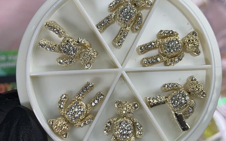 Gold Teddy Bear Nail Charms — Movable Rhinestone Accents