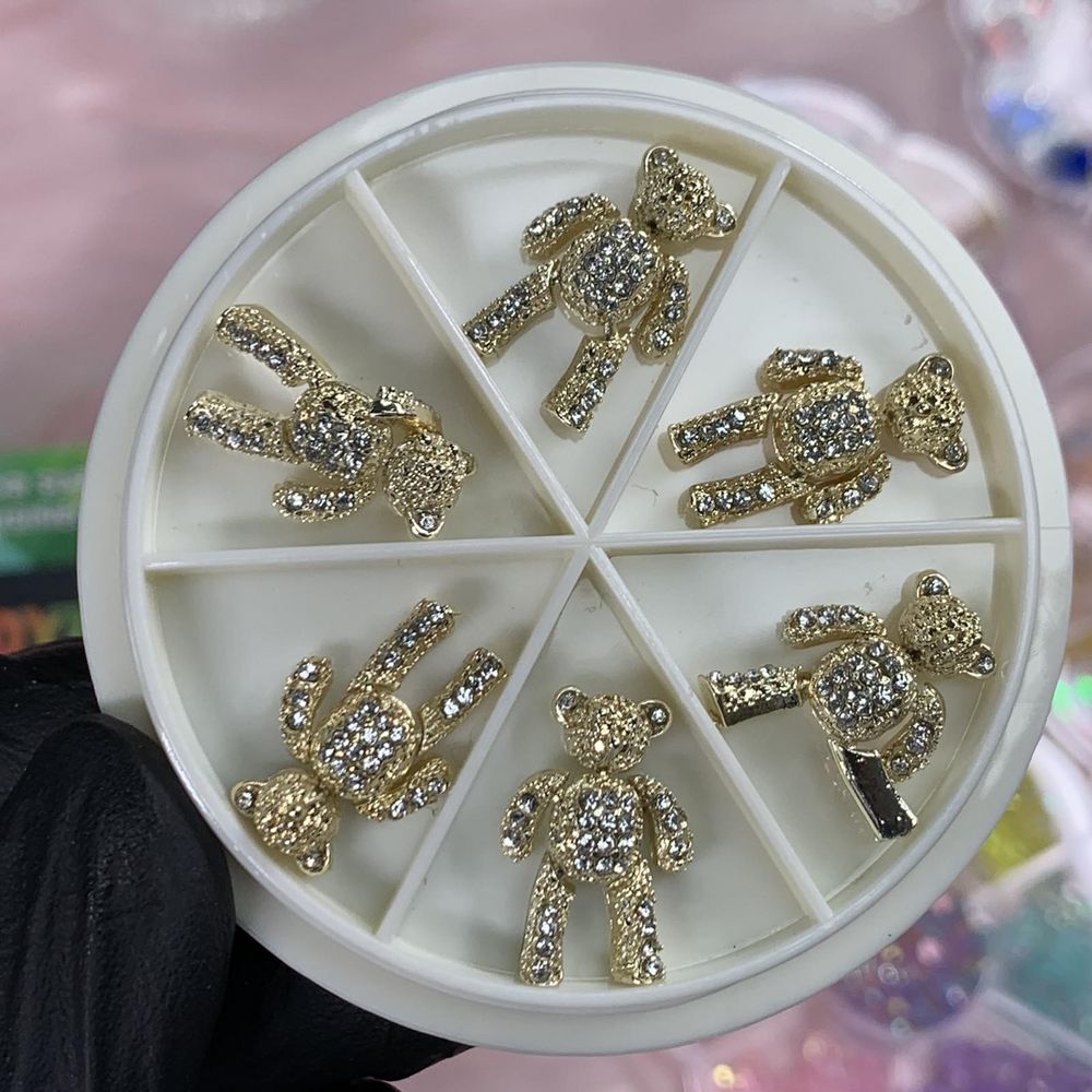 Gold Teddy Bear Nail Charms — Movable Rhinestone Accents